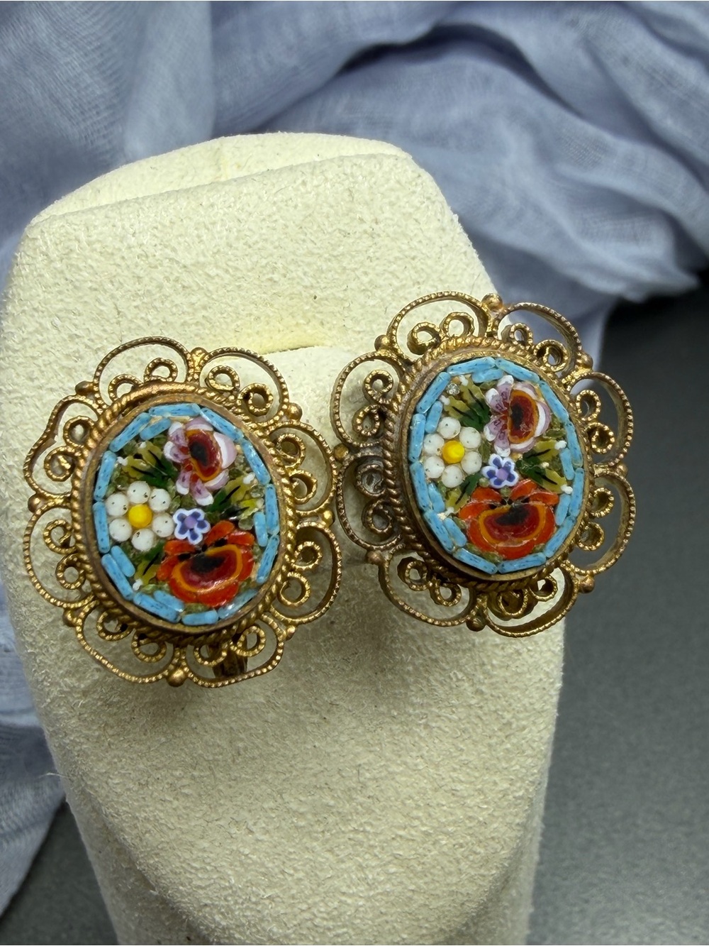 Vintage  Gold Floral Micro Mosaic Earrings